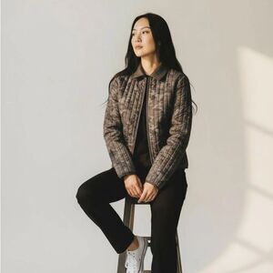 Banana Republic Black Gray Camo Full Zip Channel Stitch Jacket Women L Quilted